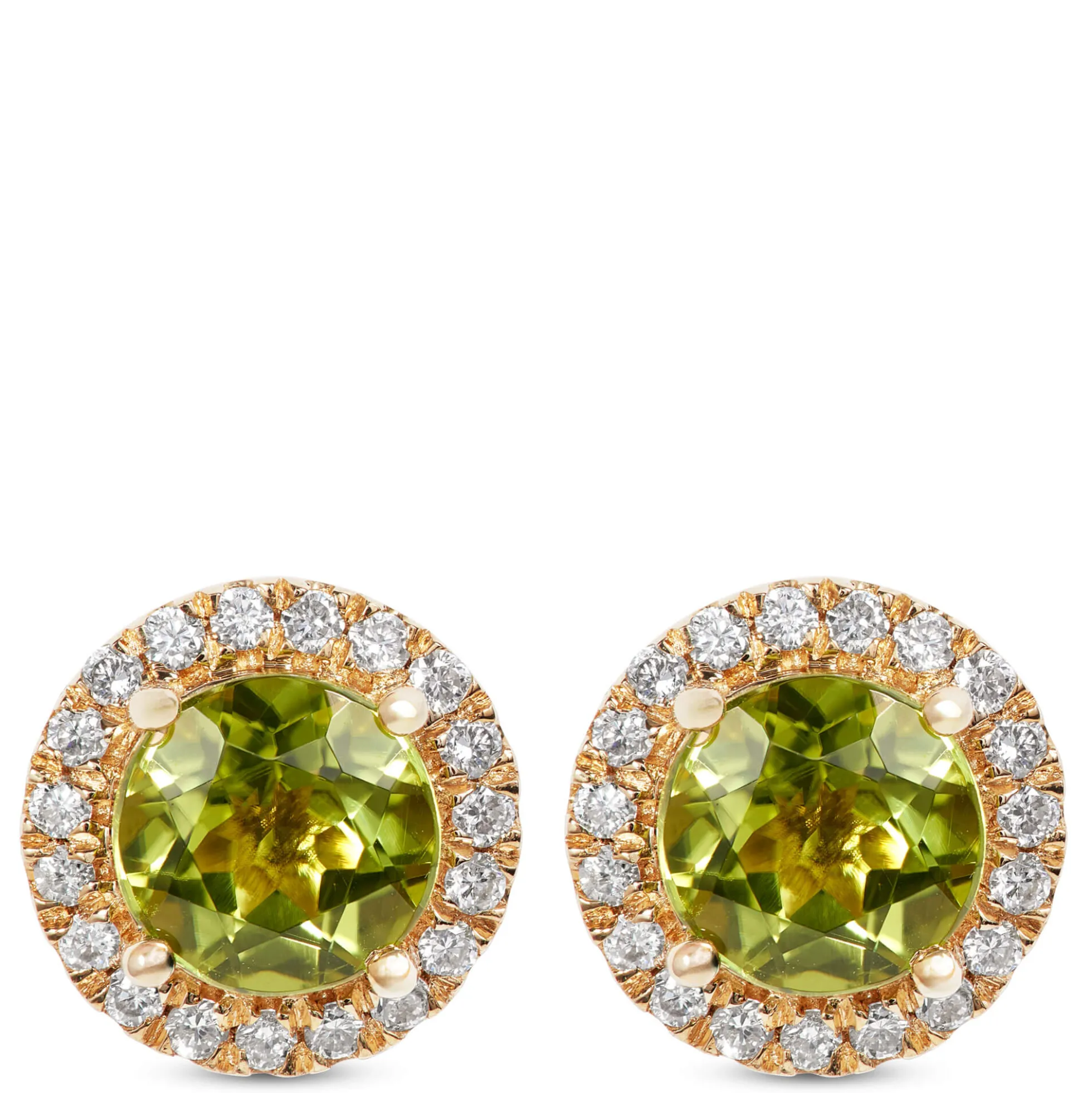 Round Cut Peridot and Diamond Halo Earrings, 14K Yellow Gold