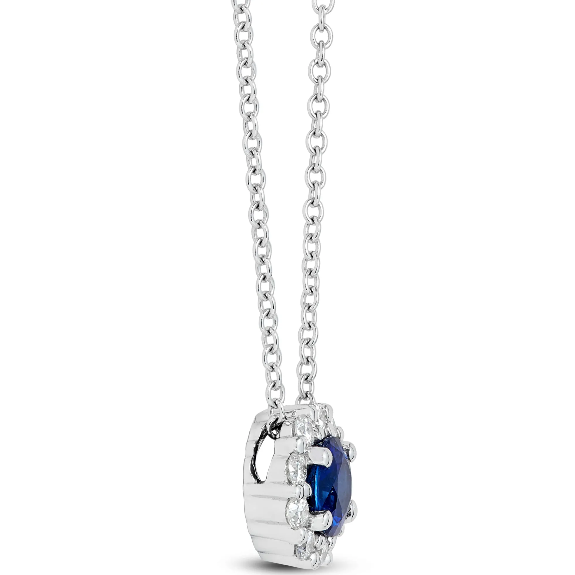 Round Cut Sapphire and Diamond Halo Pendant Necklace, 14K White Gold