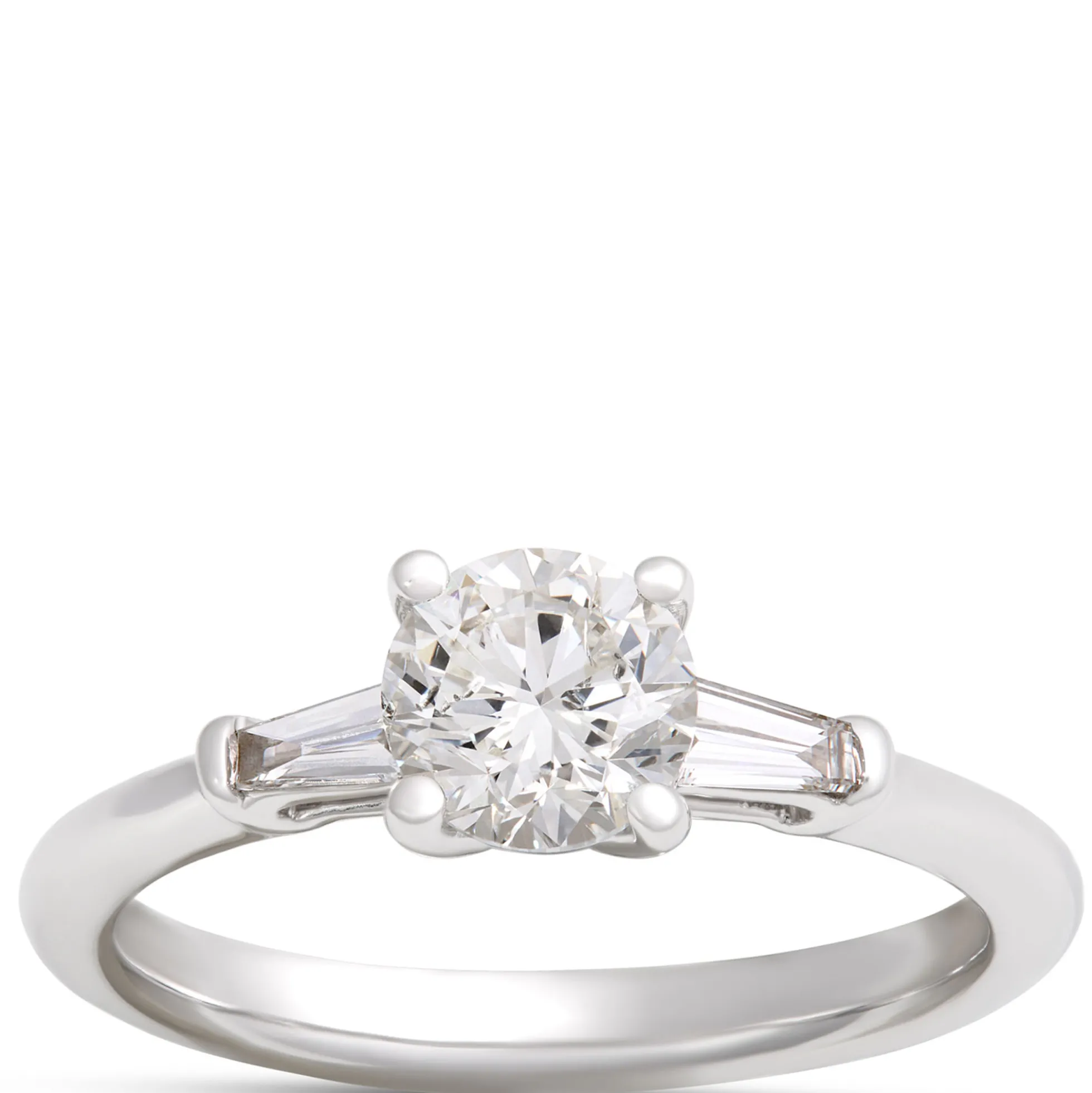 Round Diamond and Baguette Engagement Ring, 14K White Gold