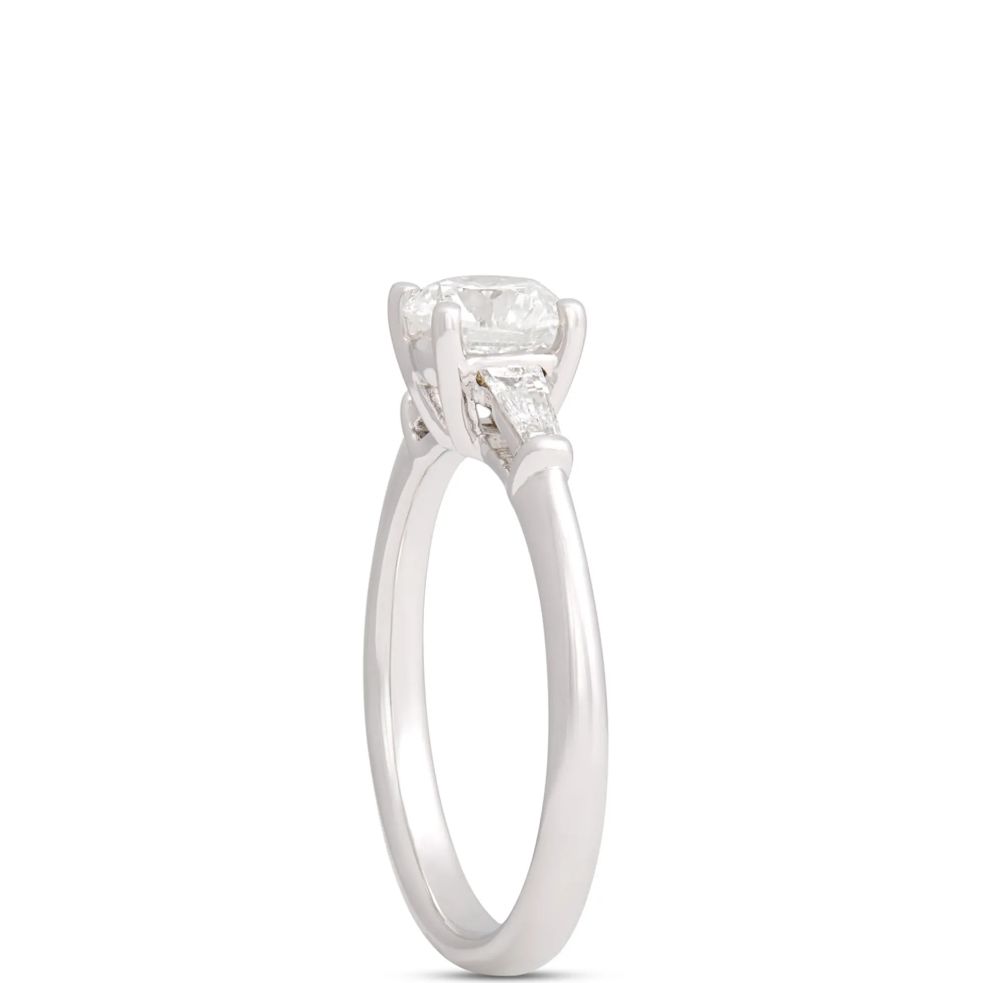 Round Diamond and Baguette Engagement Ring, 14K White Gold