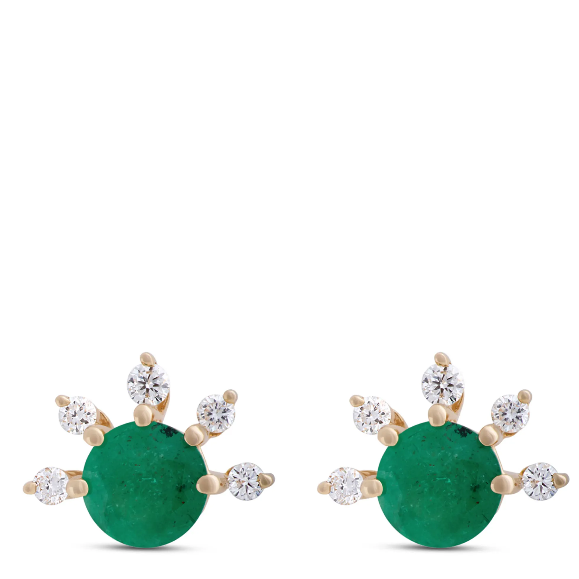 Round Emerald and Diamond Studs, 14K Yellow Gold