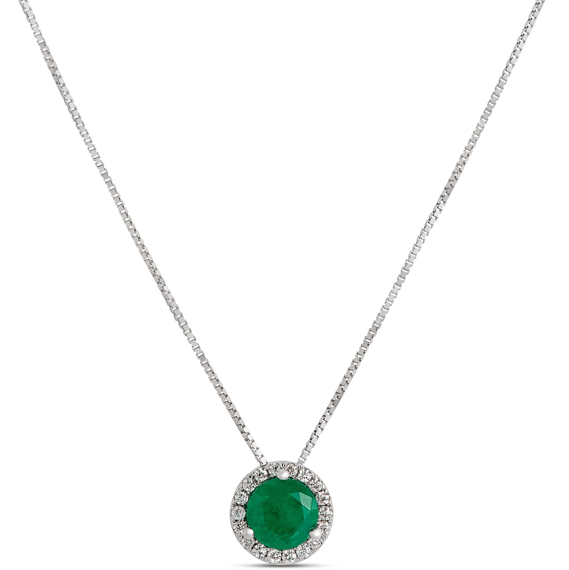 Round Emerald Pendant Necklace With Diamond Halo in 14K White Gold