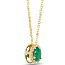 Round Emerald Pendant with Diamond Halo, 14K Yellow Gold