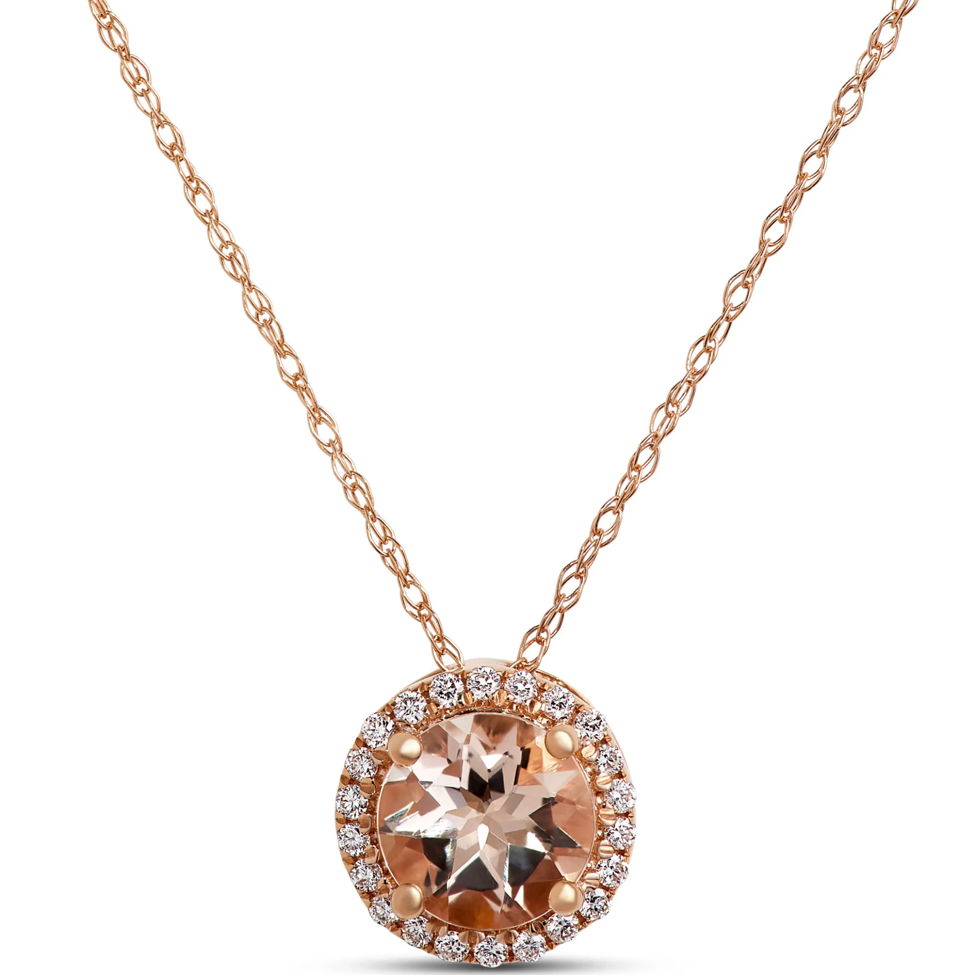 Round Morganite and Diamond Halo Pendant Necklace, 1/10 Carat, 14K Rose Gold