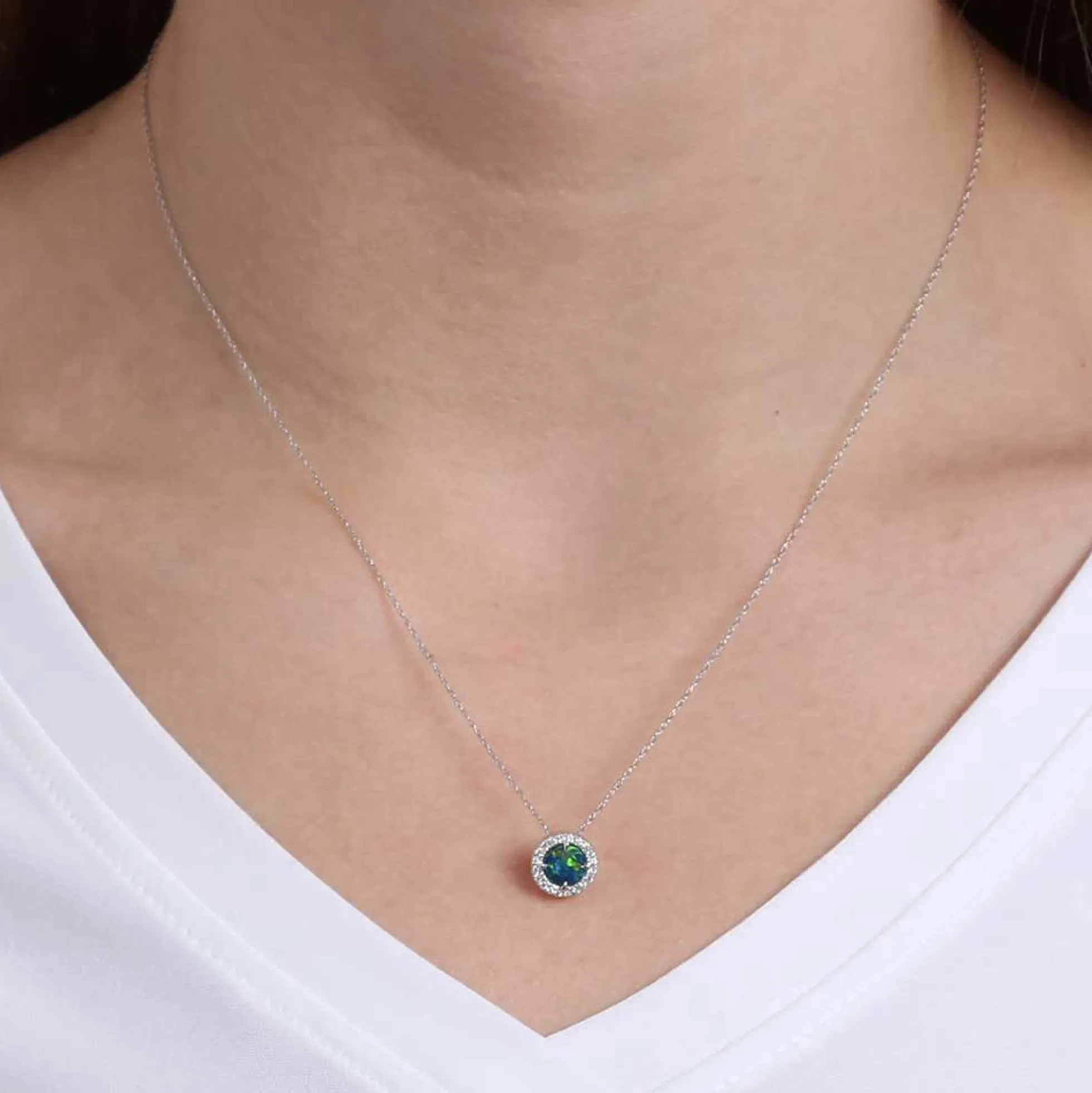 Round Opal Doublet & Diamond Necklace 14K