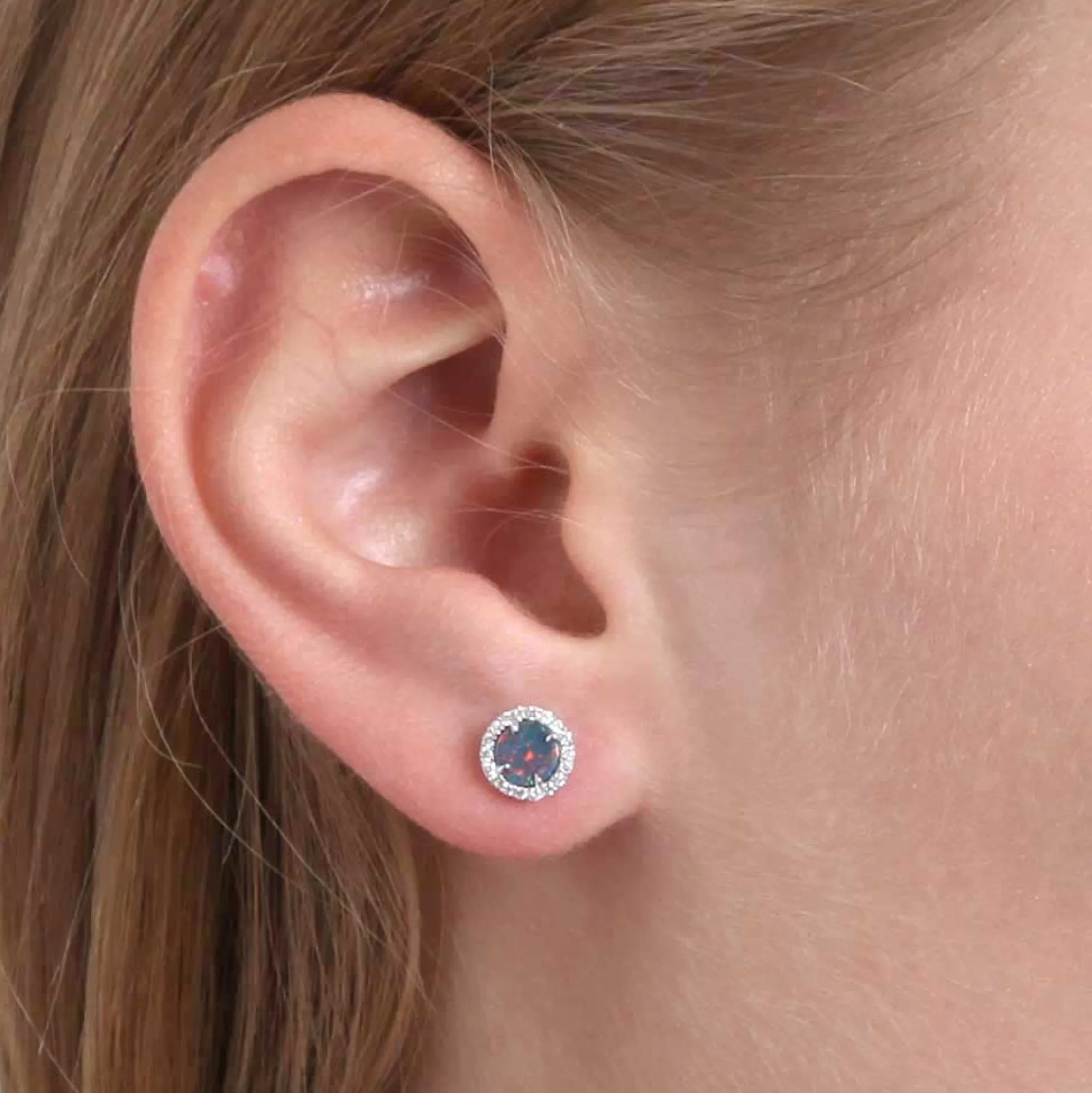 Round Opal Doublet & Diamond Stud Earrings 14K