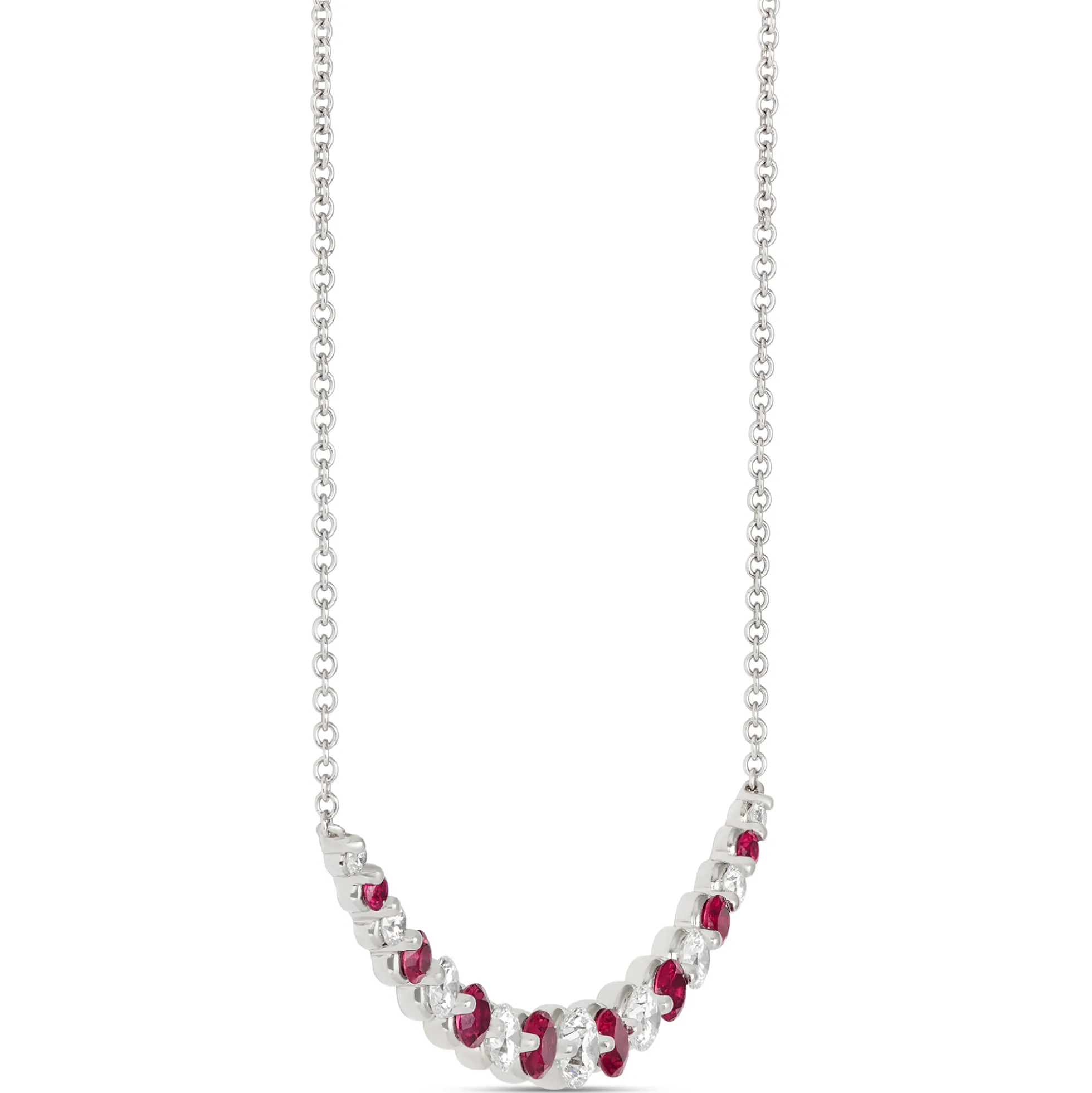 Round Ruby and Diamond Cluster Necklace, 18K White Gold