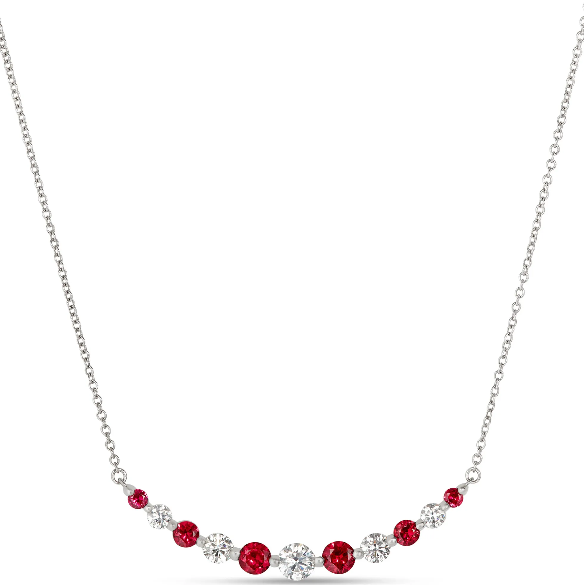 Round Ruby and Diamond Cluster Necklace, 18K White Gold