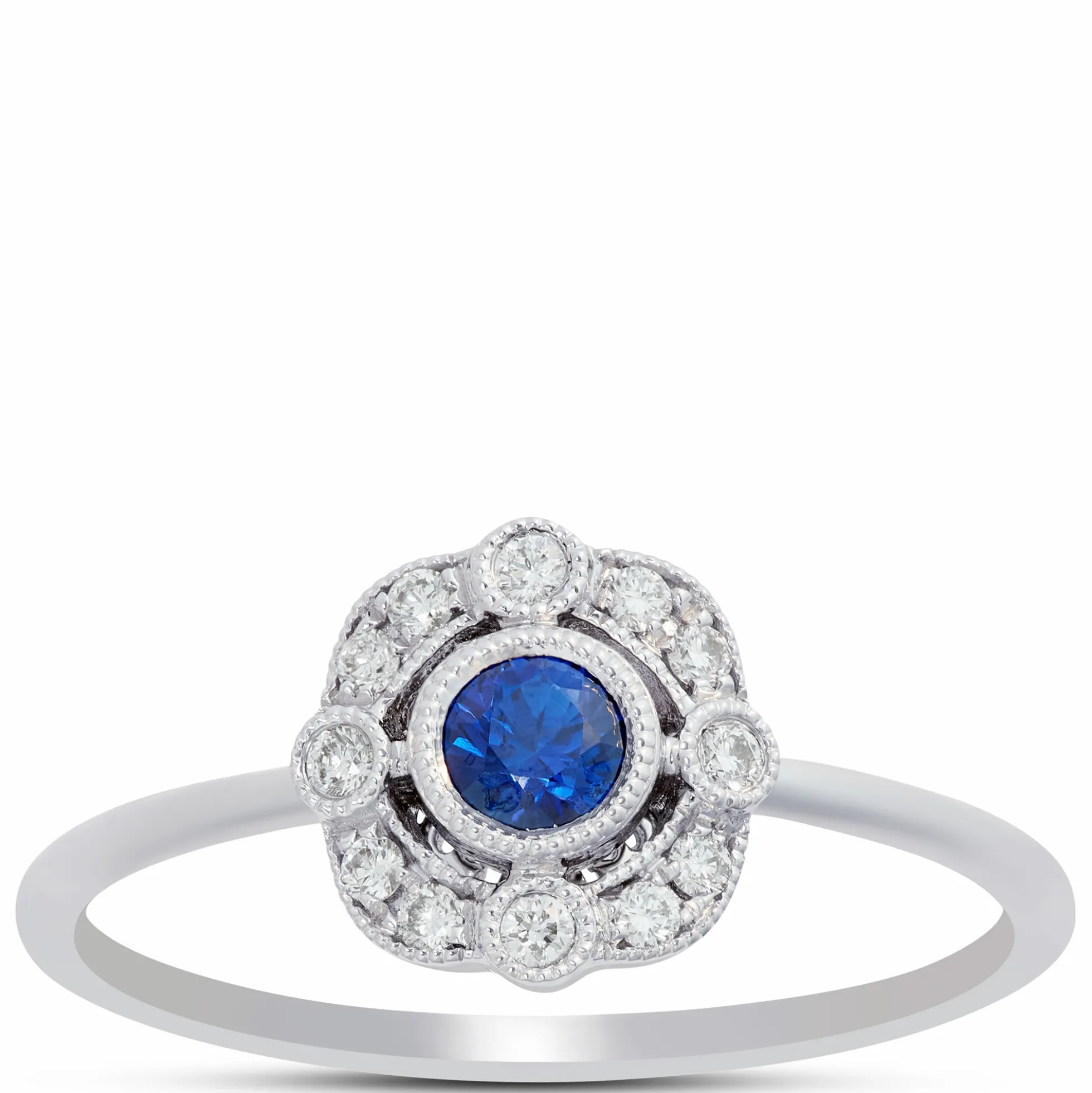 Round Sapphire and Diamond Ring, 14K White Gold