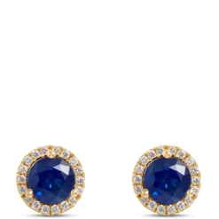 Round Sapphire and Diamond Studs, 0.15 Total Carat Weight 14K Yellow Gold