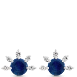 Round Sapphire and Diamond Studs, 14K White Gold