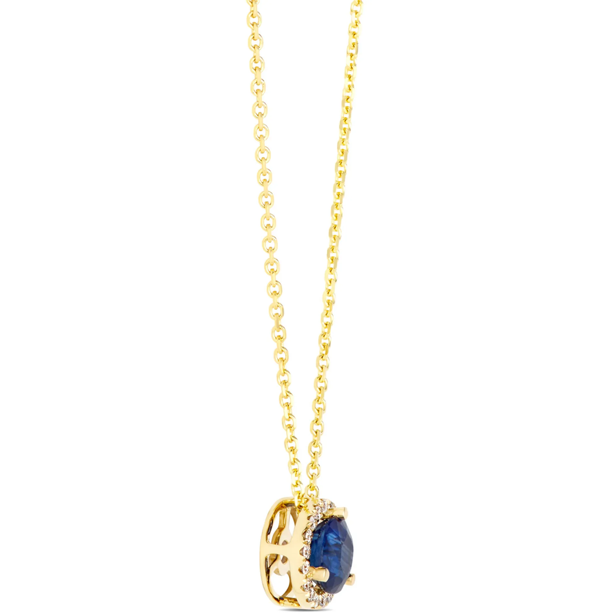 Round Sapphire Diamond Halo Pendant Necklace, 14K Yellow Gold