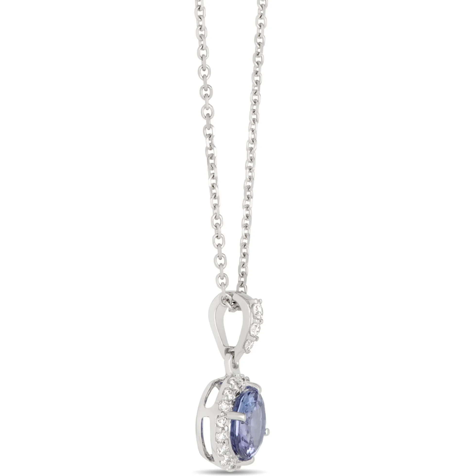 Round Tanzanite and Diamond Halo Pendant Necklace in 14K White Gold