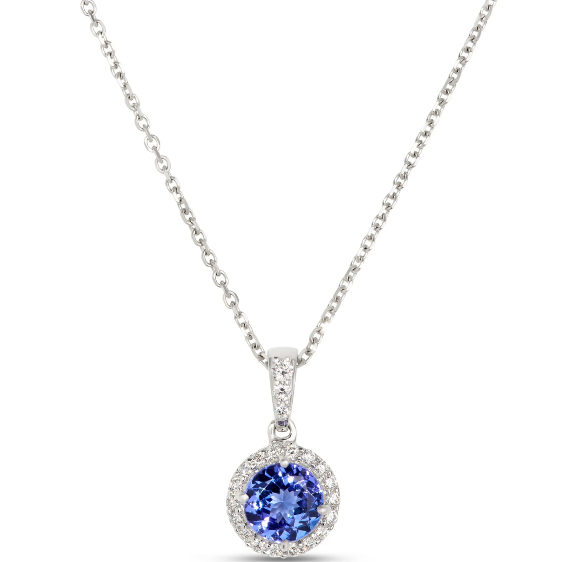 Round Tanzanite and Diamond Halo Pendant Necklace in 14K White Gold