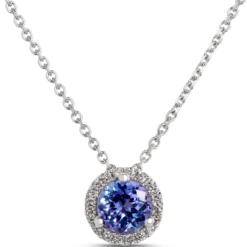 Round Tanzanite Pendant with Diamond Halo, 14K White Gold