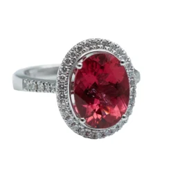 Rubellite and Diamond Halo Ring, 14K White Gold
