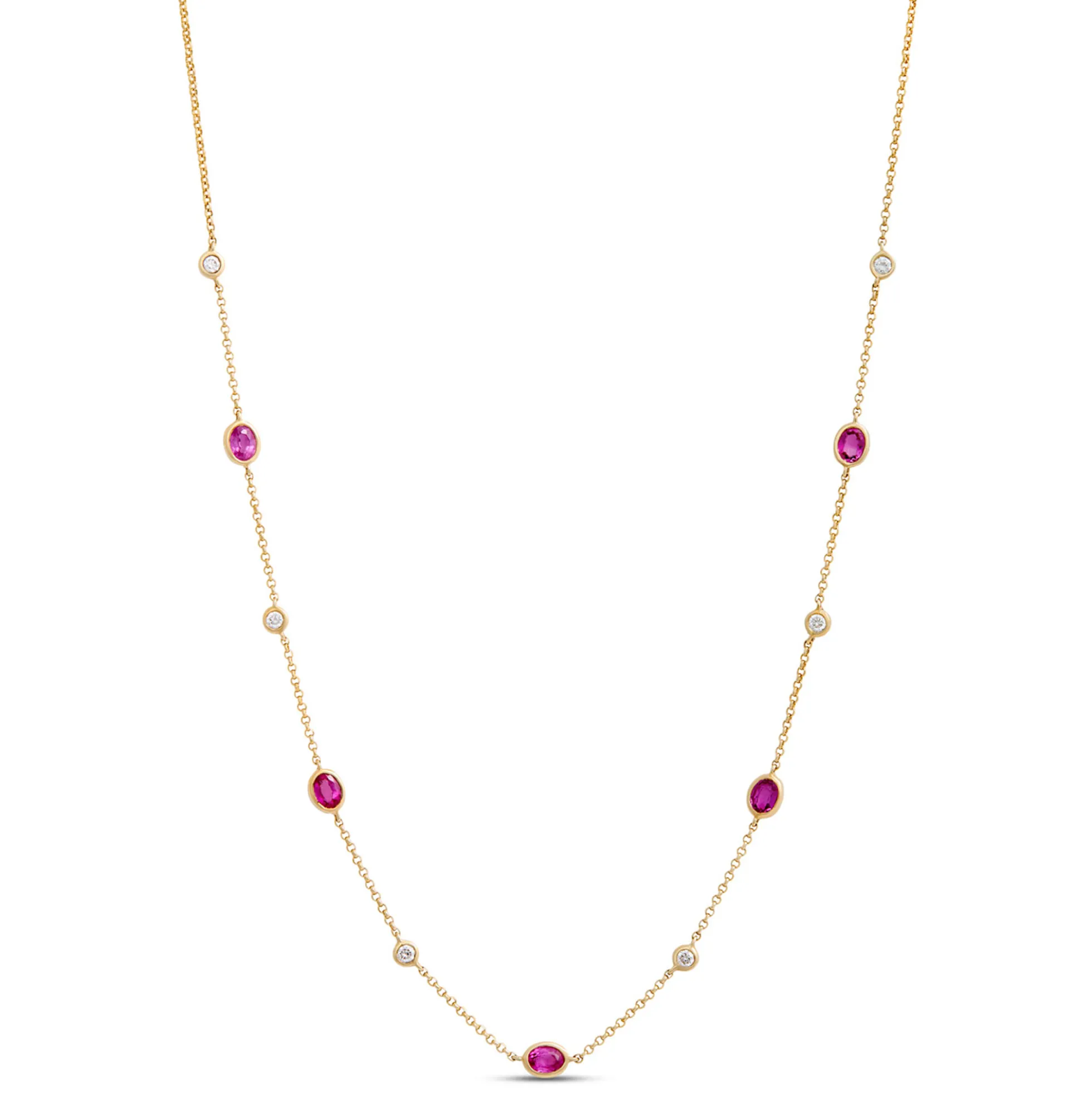 Ruby and Round Diamond Station Necklace, 14K Yellow Gold
