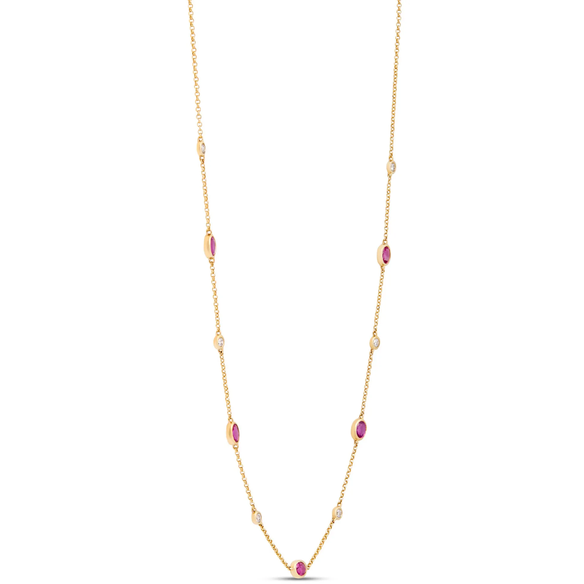 Ruby and Round Diamond Station Necklace, 14K Yellow Gold