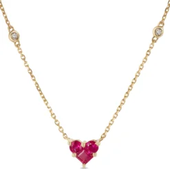 Ruby Heart Necklace with Round Diamonds, 14K Yellow Gold
