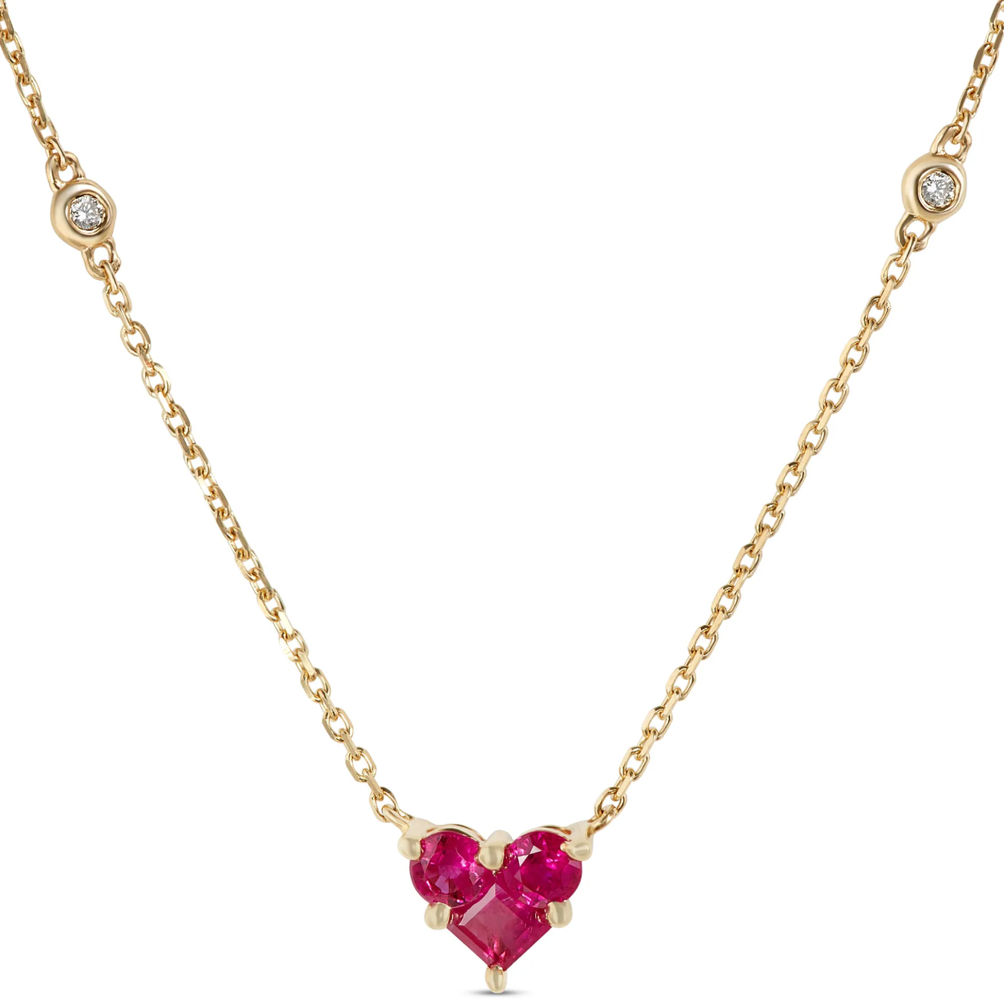 Ruby Heart Necklace with Round Diamonds, 14K Yellow Gold