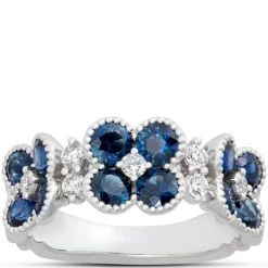 Sapphire and Diamond Flowers Ring, 14K White Gold