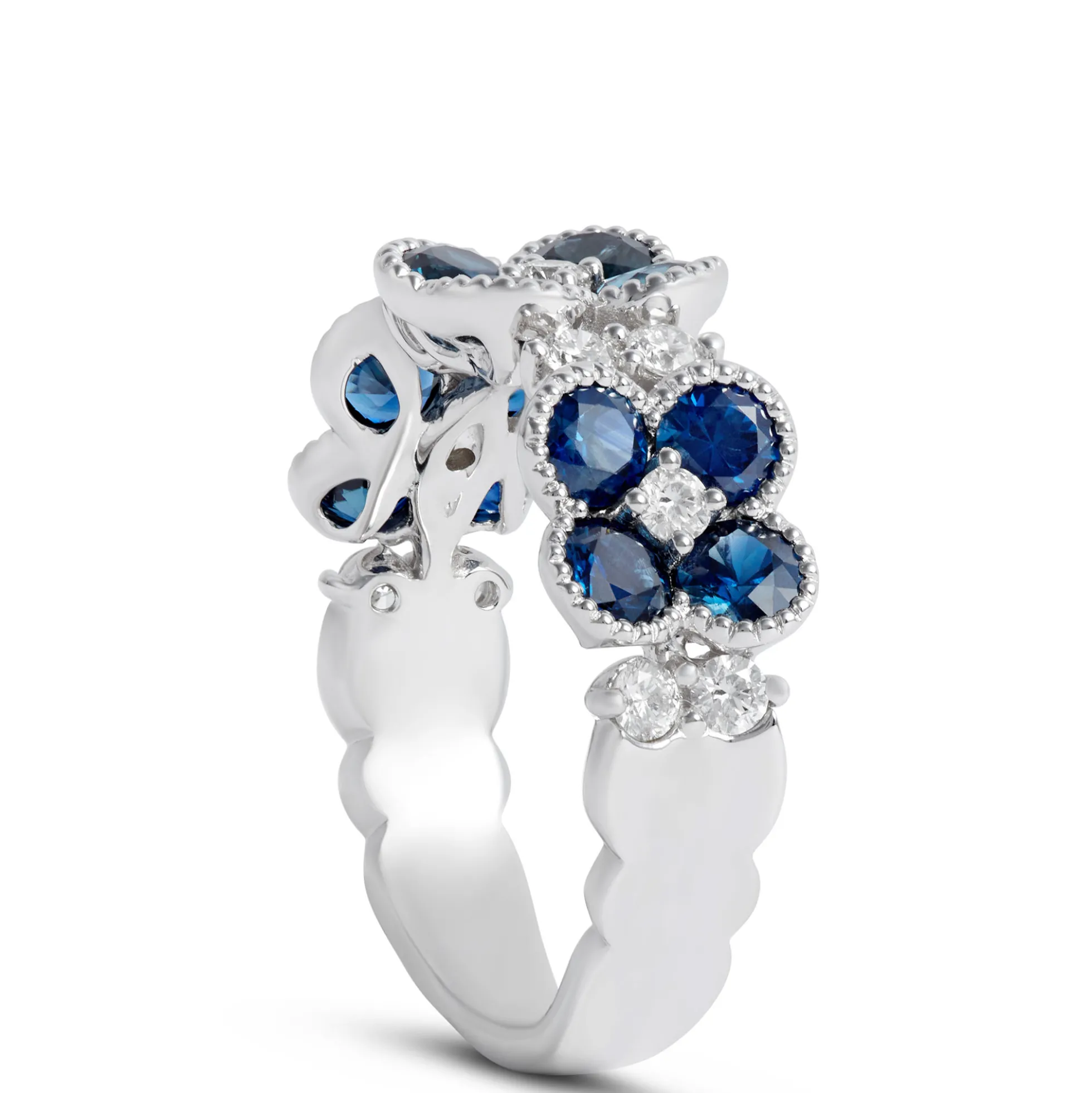 Sapphire and Diamond Flowers Ring, 14K White Gold