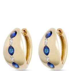 Sapphire and Diamond Huggie Hoop Earrings, 18K Yellow Gold