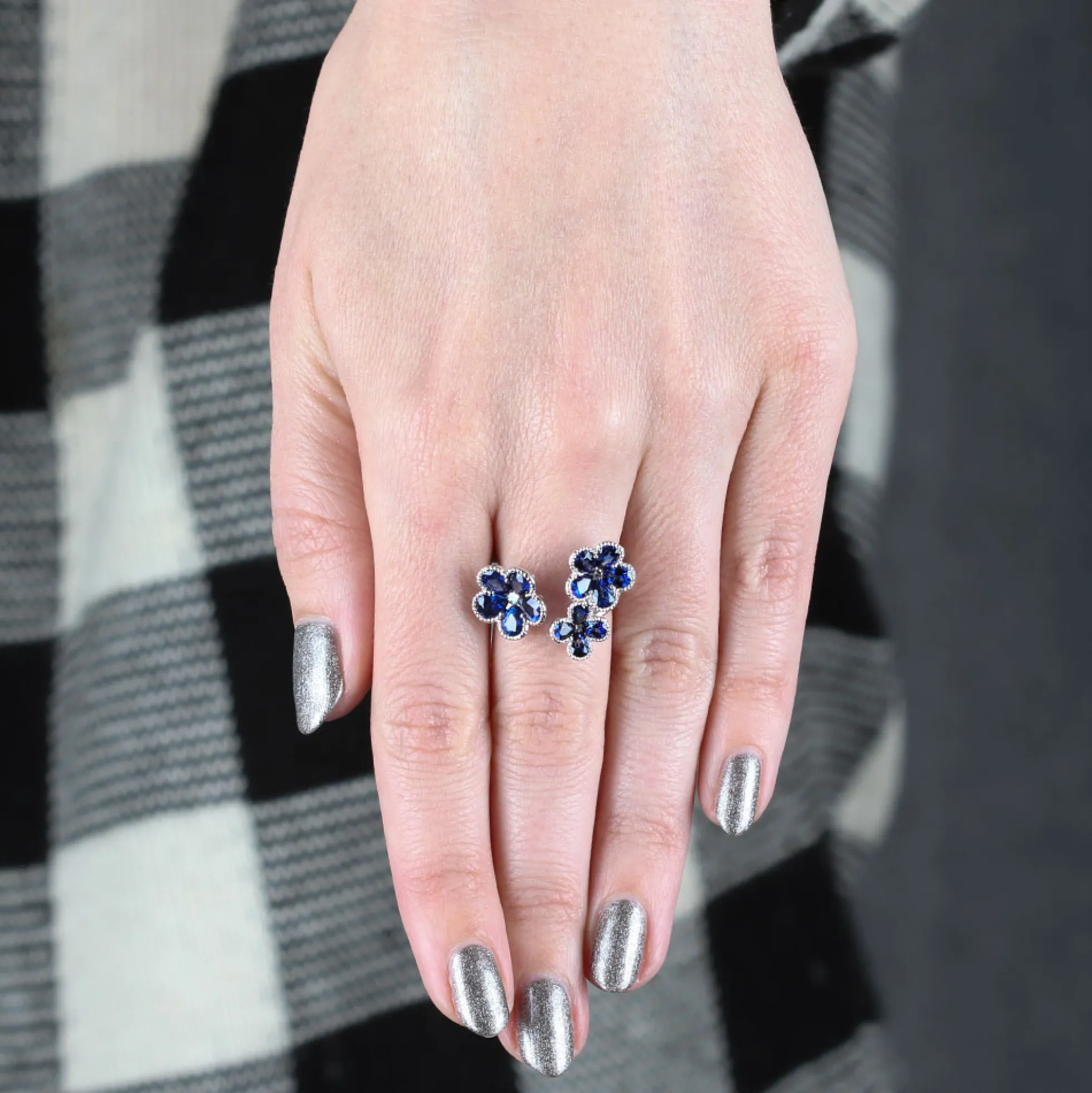 Sapphire & Diamond Flower Ring 14K, White Gold