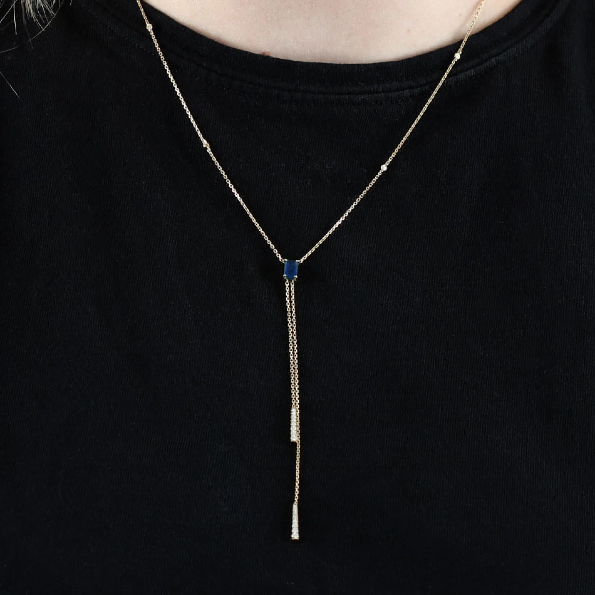 Sapphire & Diamond Stationary Lariat Necklace 14K