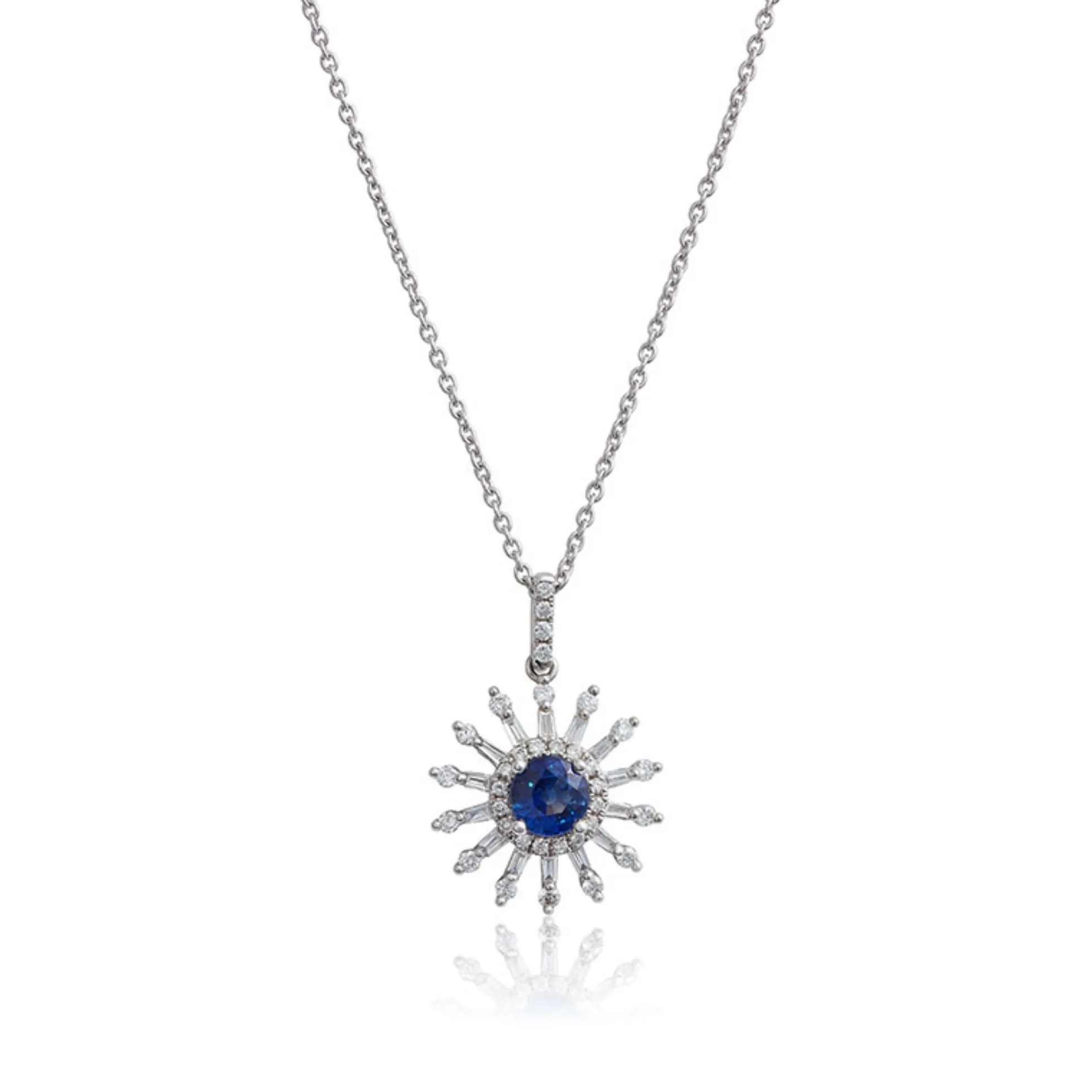 Sapphire & Diamond Sunburst Necklace 14K