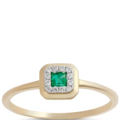 Square Emerald Diamond Halo Ring, 14K Yellow Gold