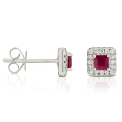 Square Ruby & Diamond Stud Earrings 14K