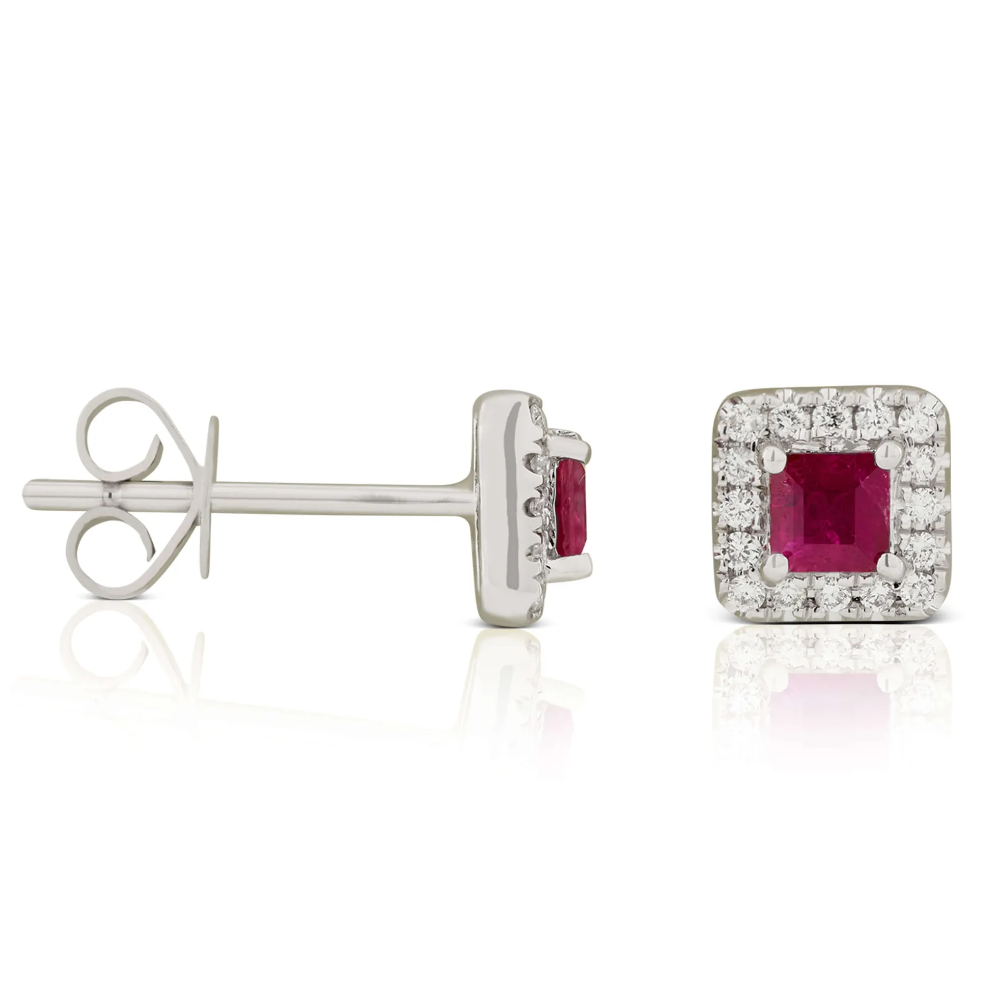 Square Ruby & Diamond Stud Earrings 14K