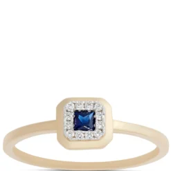 Square Sapphire Diamond Halo Ring, 14K Yellow Gold