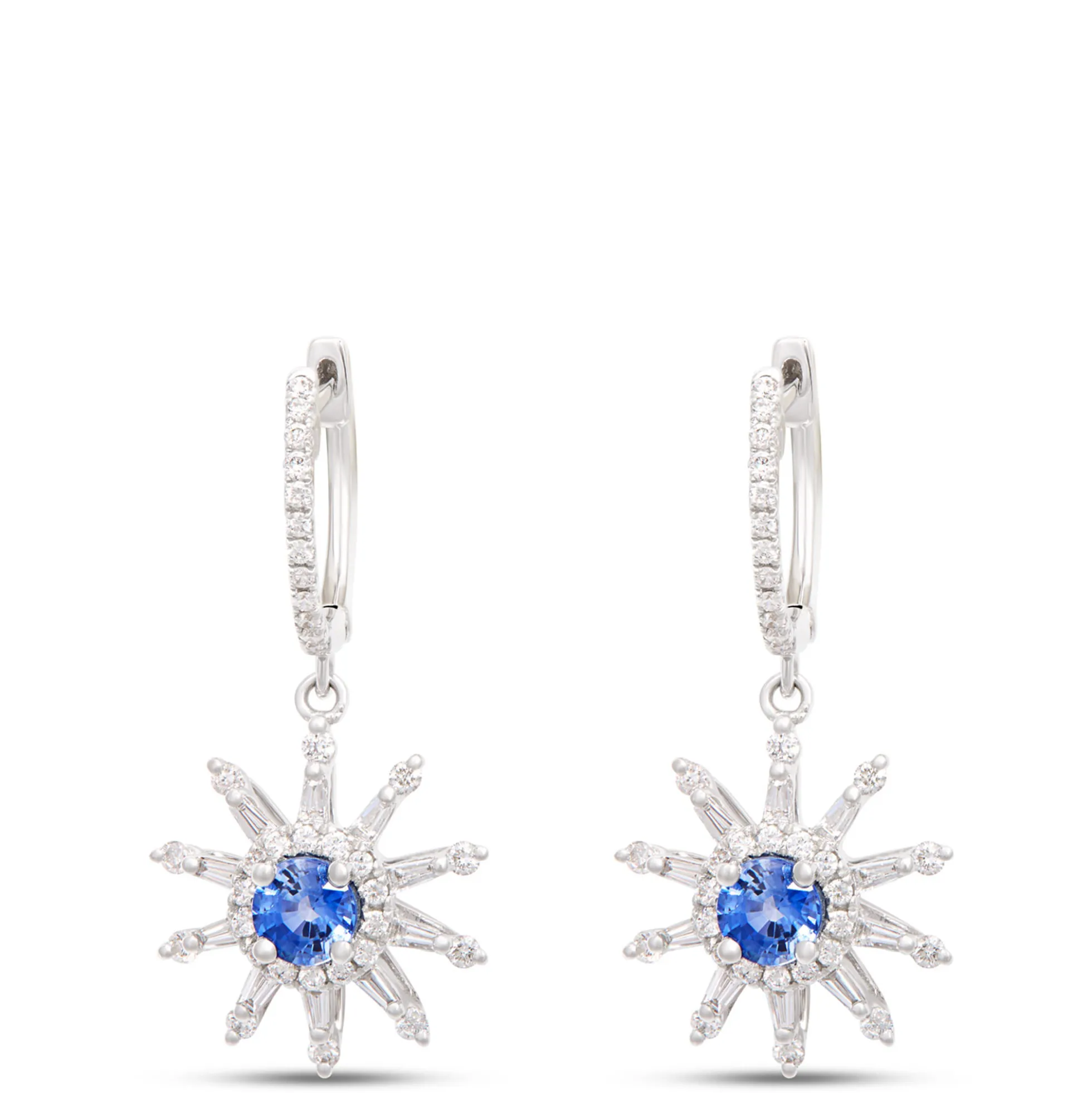 Sunburst Round Sapphire and Diamond Earrings, 14K White Gold