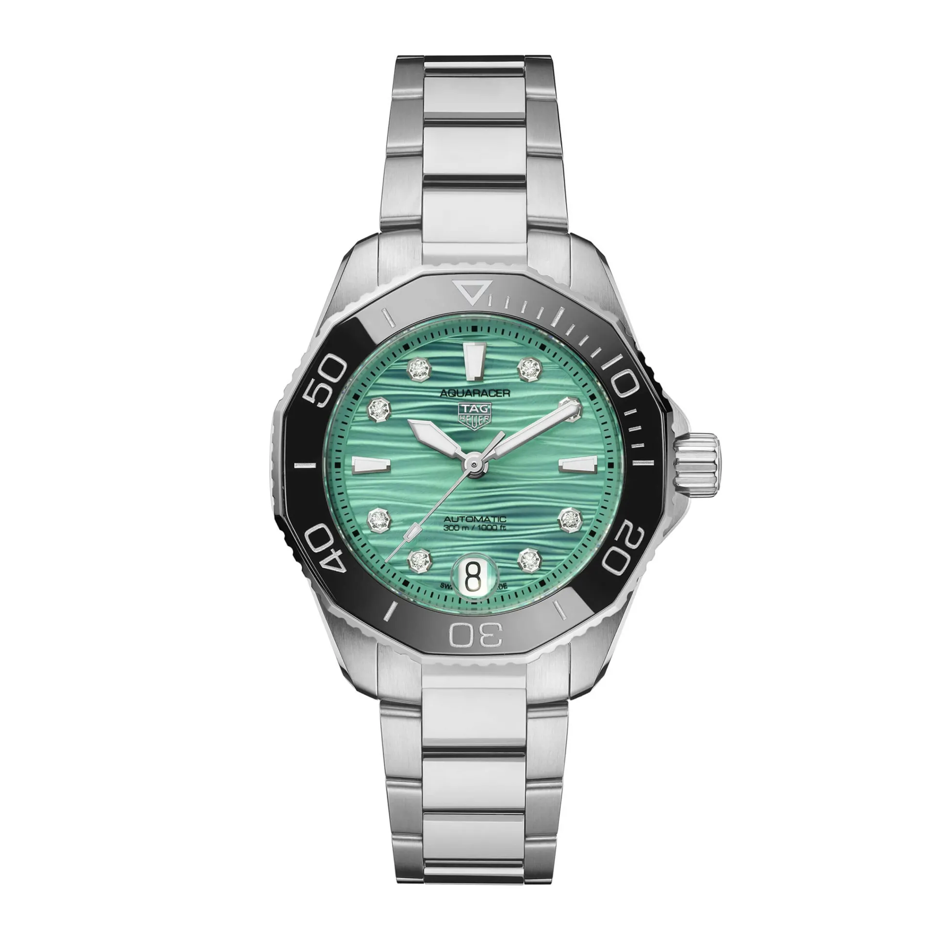 TAG Heuer Aquaracer Professional 300 Watch Turquoise Diamond-Set Dial Steel Bracelet, 36mm