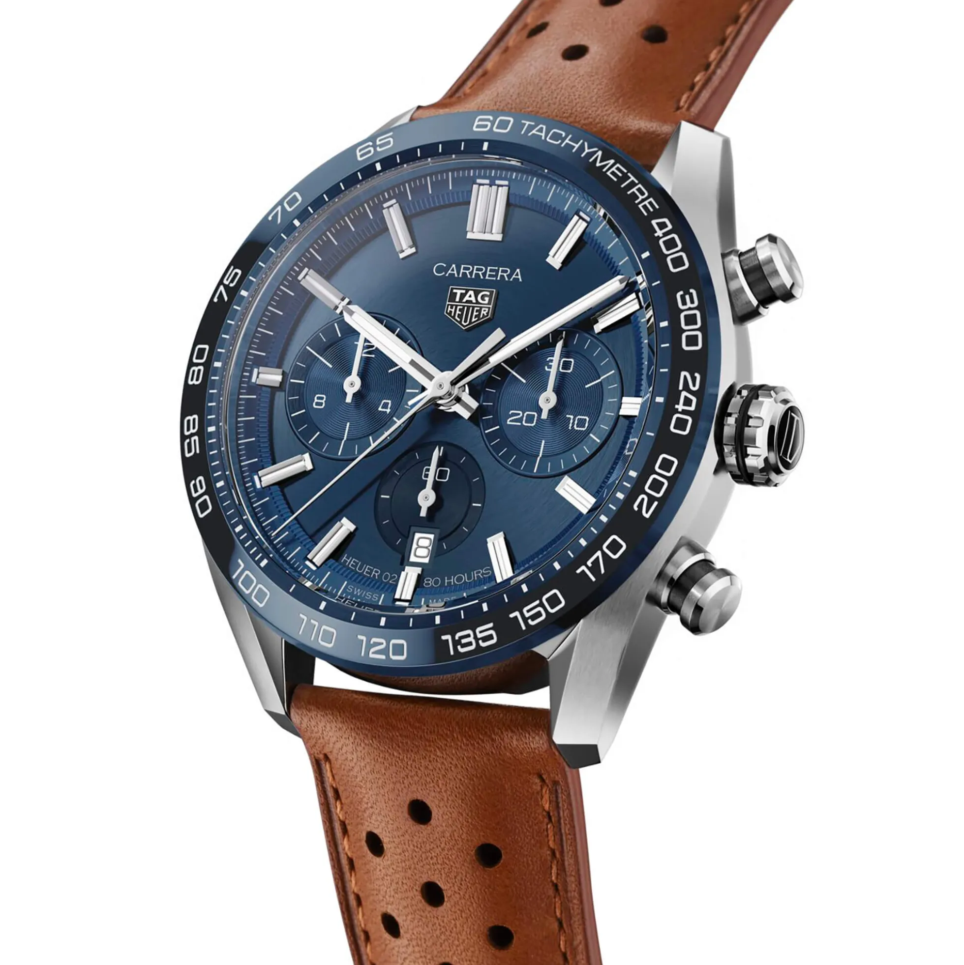 TAG Heuer Carrera Chronograph Watch Blue Dial Brown Leather Strap, 44mm