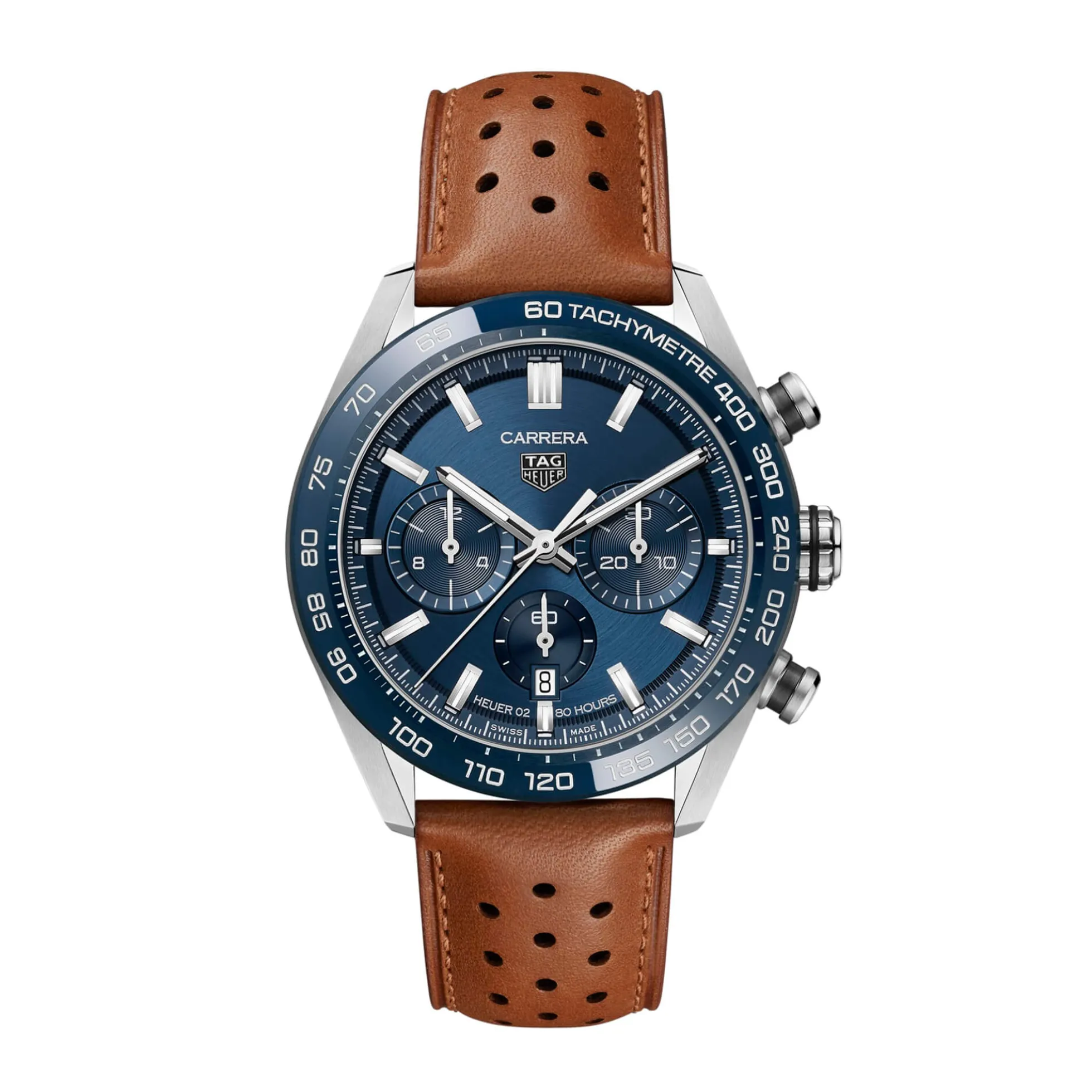 TAG Heuer Carrera Chronograph Watch Blue Dial Brown Leather Strap, 44mm
