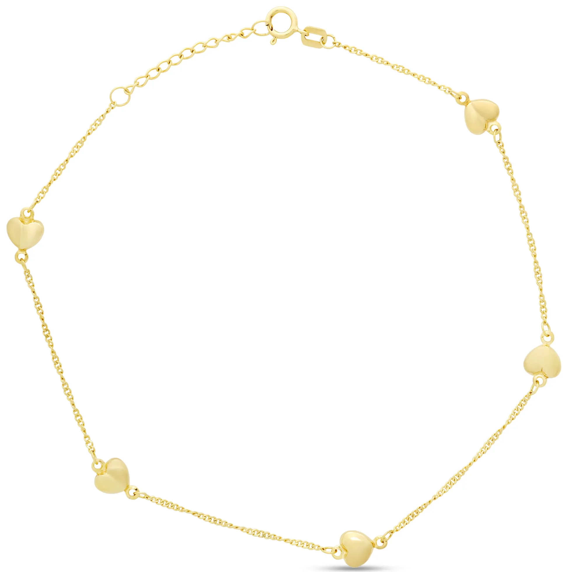 Ten-Inch Adjustable Puffed Hear Bracelet, 14K Yellow Gold