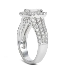 Three-Row Emerald Cut Diamond Engagement Ring, 14K White Gold