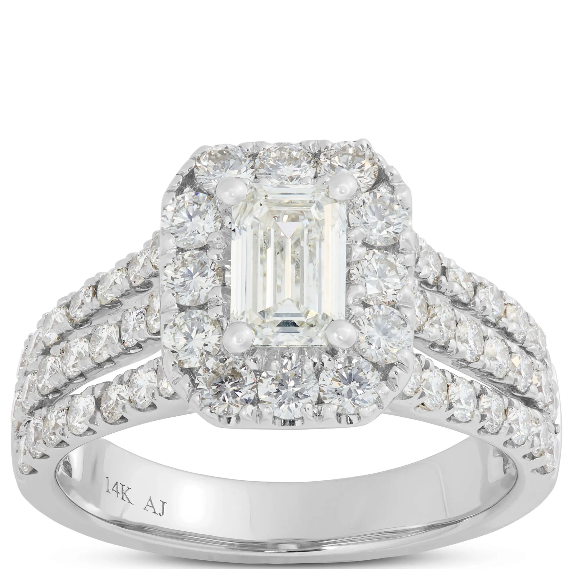 Three-Row Emerald Cut Diamond Engagement Ring, 14K White Gold