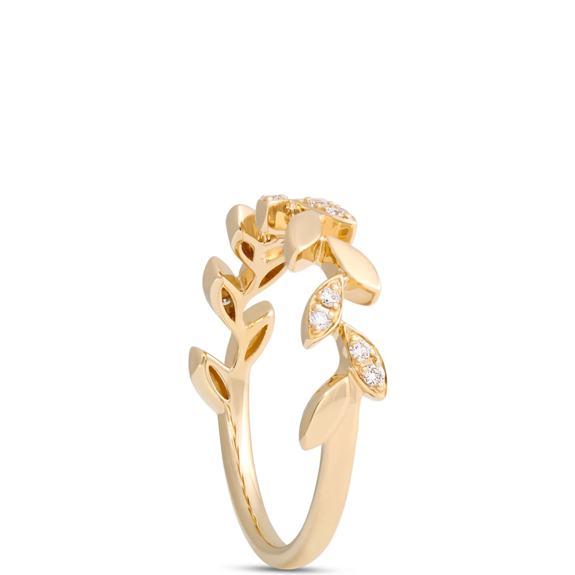 Timeless Leaf Pattern Ring with Accent Diamonds, 14K Yellow Gold