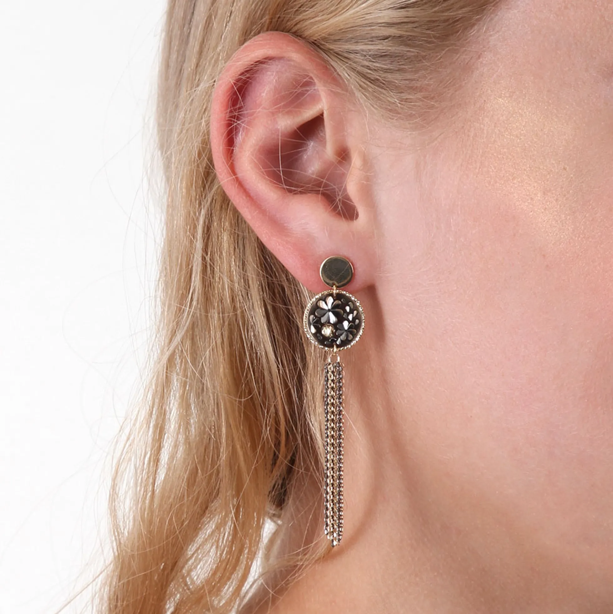 Toscano Floral Disc Earrings with Tassels 14K