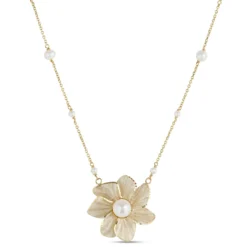 Toscano Flower Pendant with White Enamel Pearl, 14K Yellow Gold
