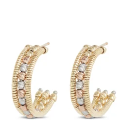 Toscano Tricolor Beaded half-Hoop Earrings, 14K Gold