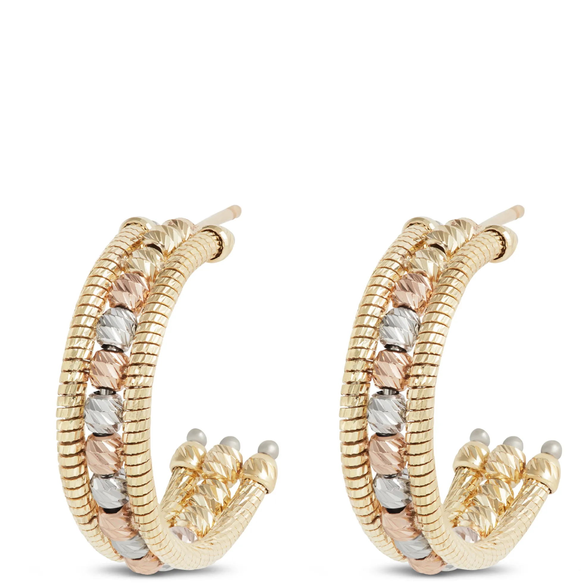 Toscano Tricolor Beaded half-Hoop Earrings, 14K Gold