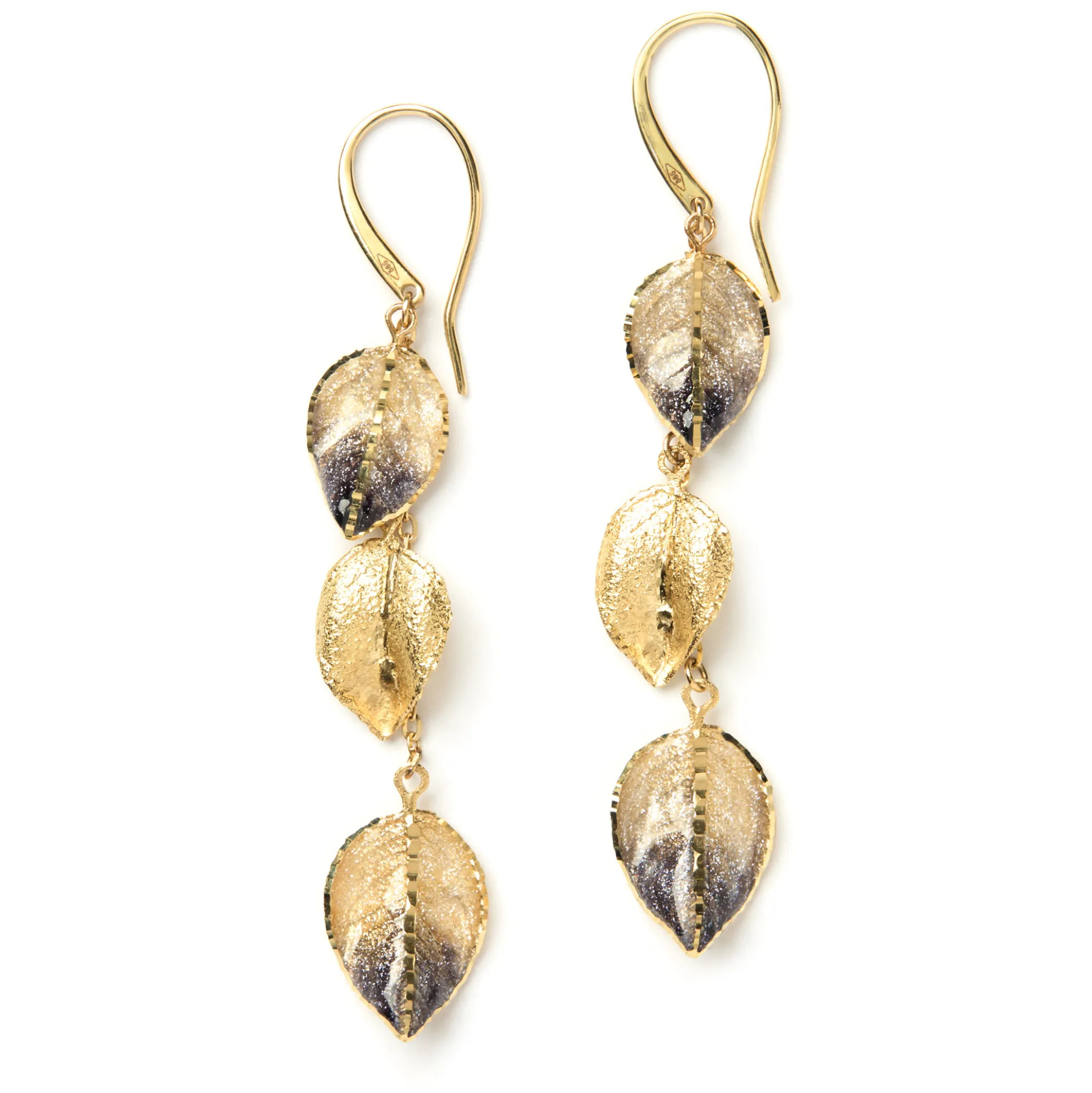 Toscano Triple Brown Enamel Leaf Earrings, 14K Yellow Gold
