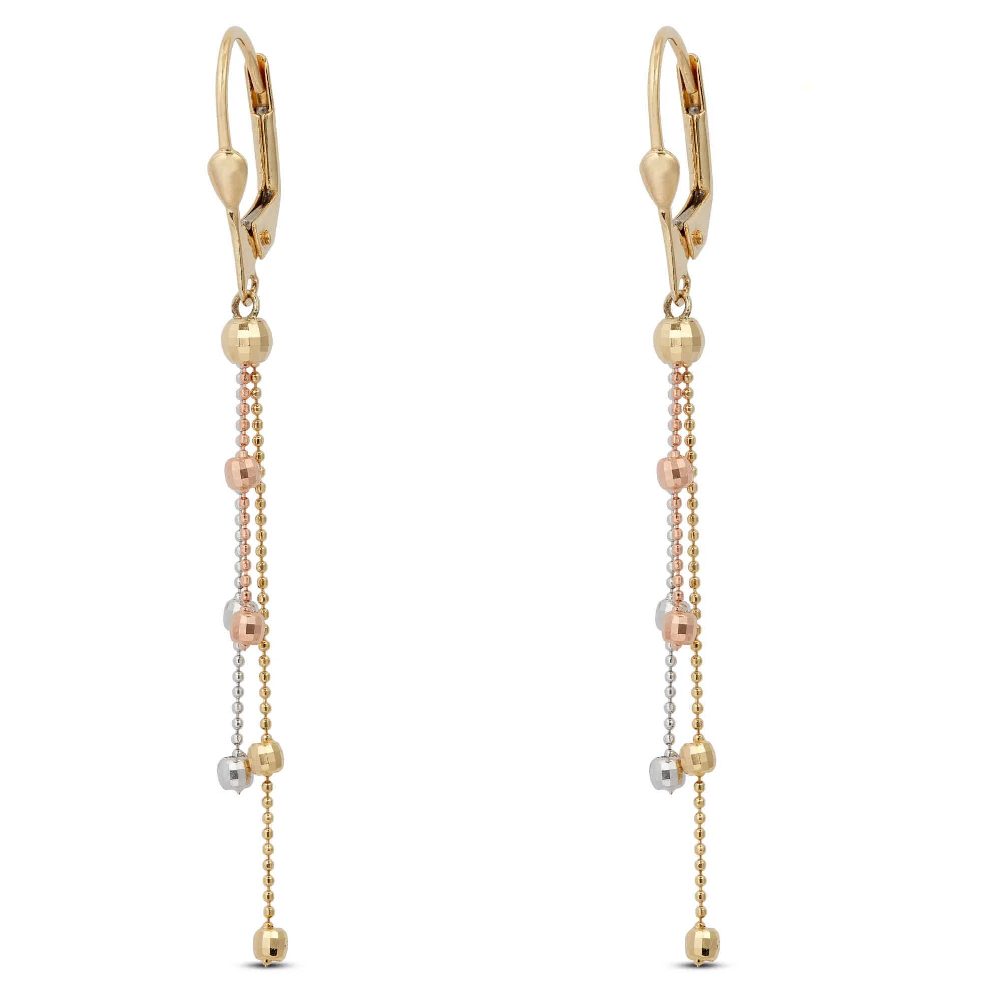 Tri-Color Dangle Bead Earrings 14K