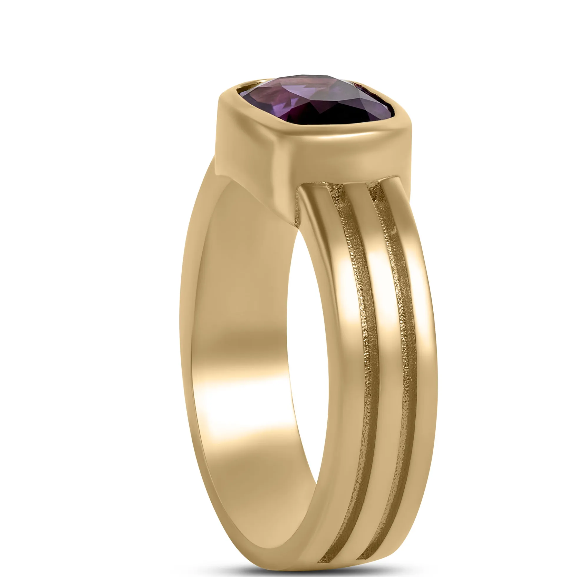 Triple Shank Cushion Cut Amethyst Ring, 14K Yellow Gold