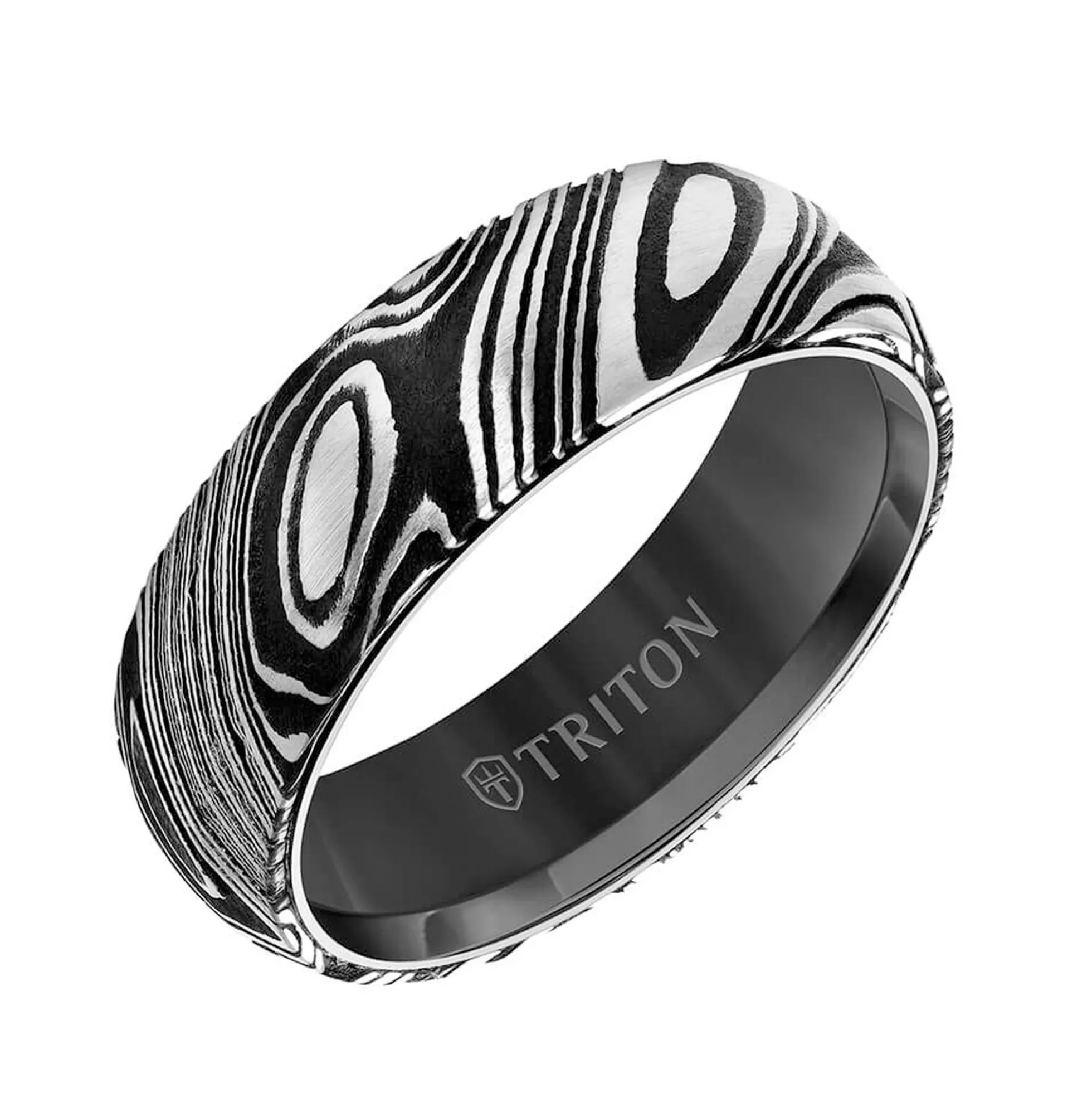TRITON Contemporary Comfort Fit Band in Black Tungsten & Damascus Steel, 7 mm